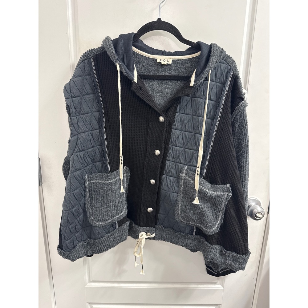 POL Mixed Media Quilted Waffle Knit Hooded Jacket Charcoal Black Boho Medium